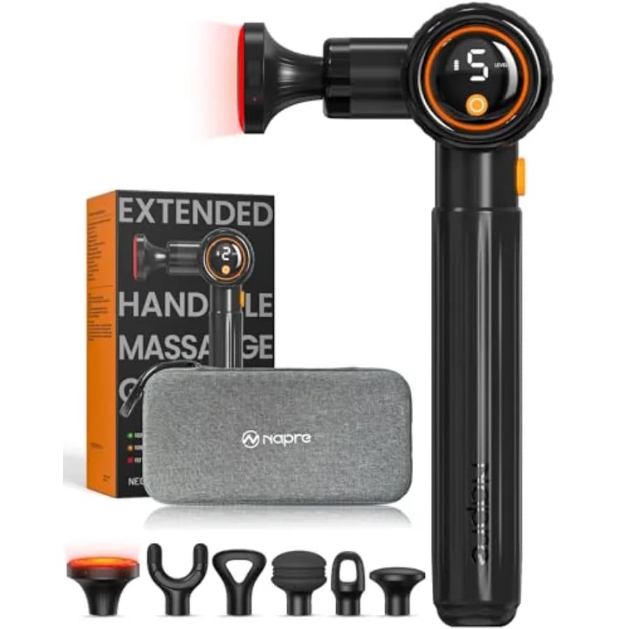 Deep tissue massage gun for home/office use black ABS+silicone heat function + 3 adjustable angles + extension handle portable