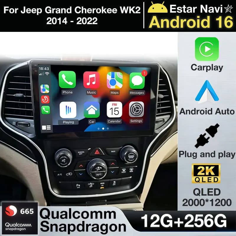Autoradio Android 16 per Jeep Grand Cherokee WK2 2014 - 2022 Navigatore GPS Lettore Multimediale Video Auto Carplay 4G LTE 5G WIFI QLED