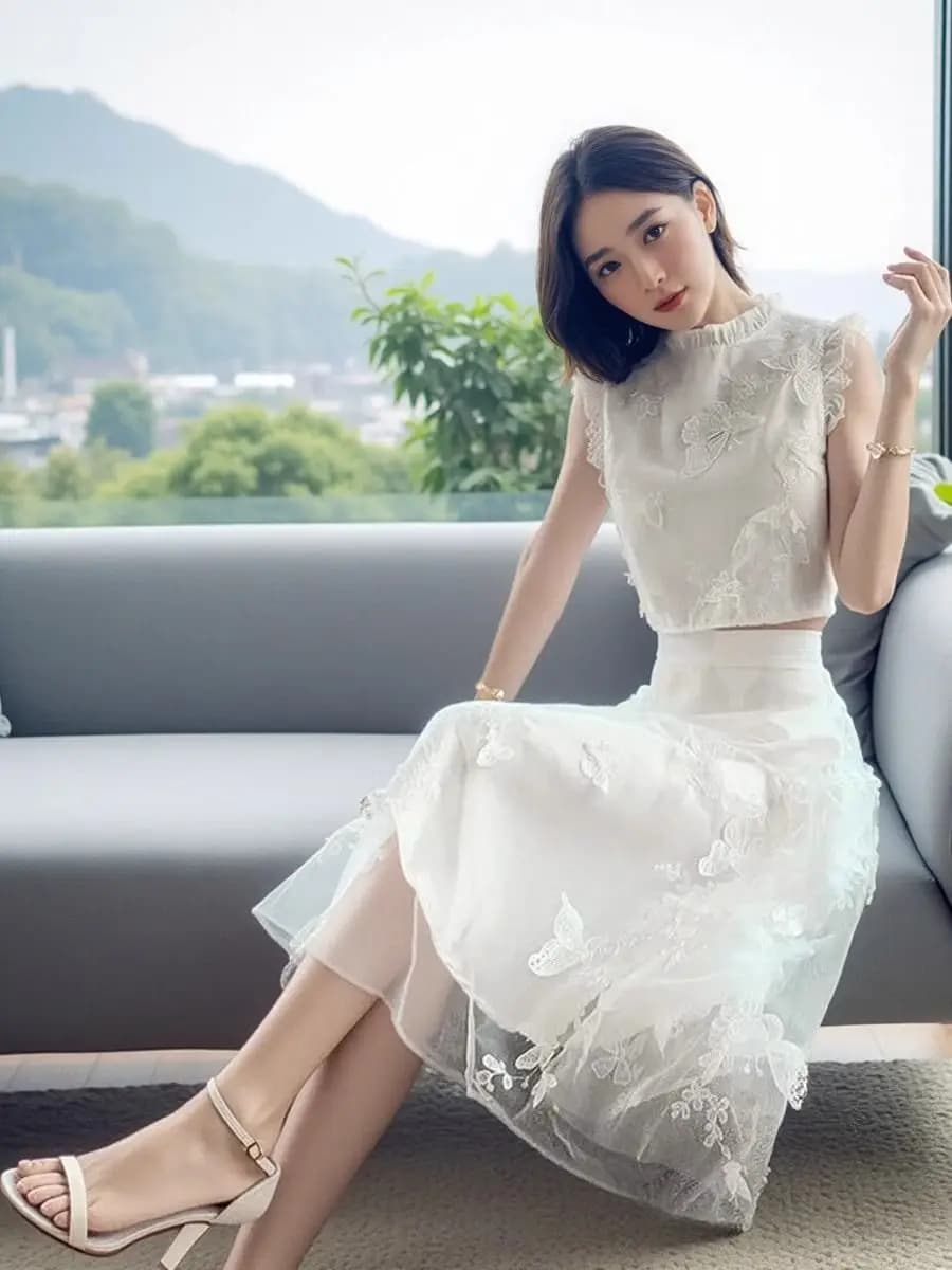 New Summer High End White 2 Piece Set Women Fashion Sleeveless Butterfly Slim Blouse Crop Top + Mesh A-line Skirt Elegant Suit
