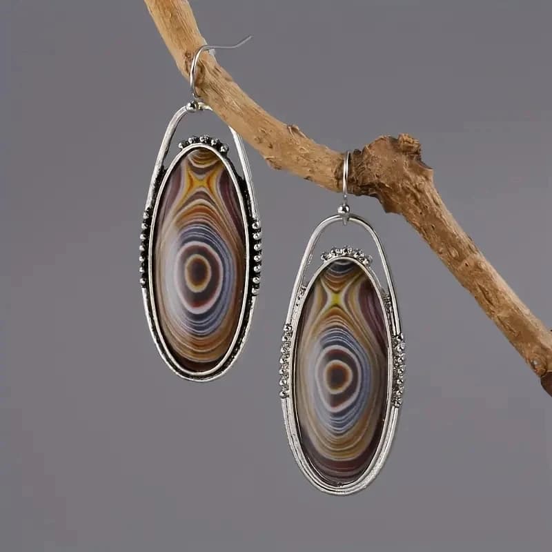Vintage Oval Banded Agate Dangle Earrings Antique Silver Texture Metal Frame Hook Earrings Bohemian Retro Jewelry for Women