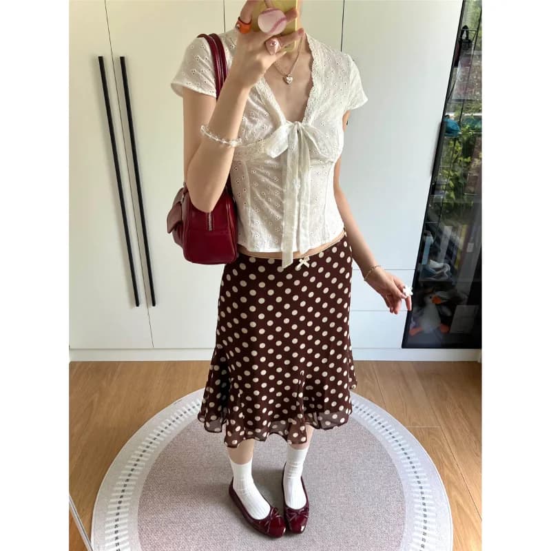 American Style Spotted Low Waist Lace Knot Fish Tail Half Skirt Women Summer New Pure Desire Midi Skirt