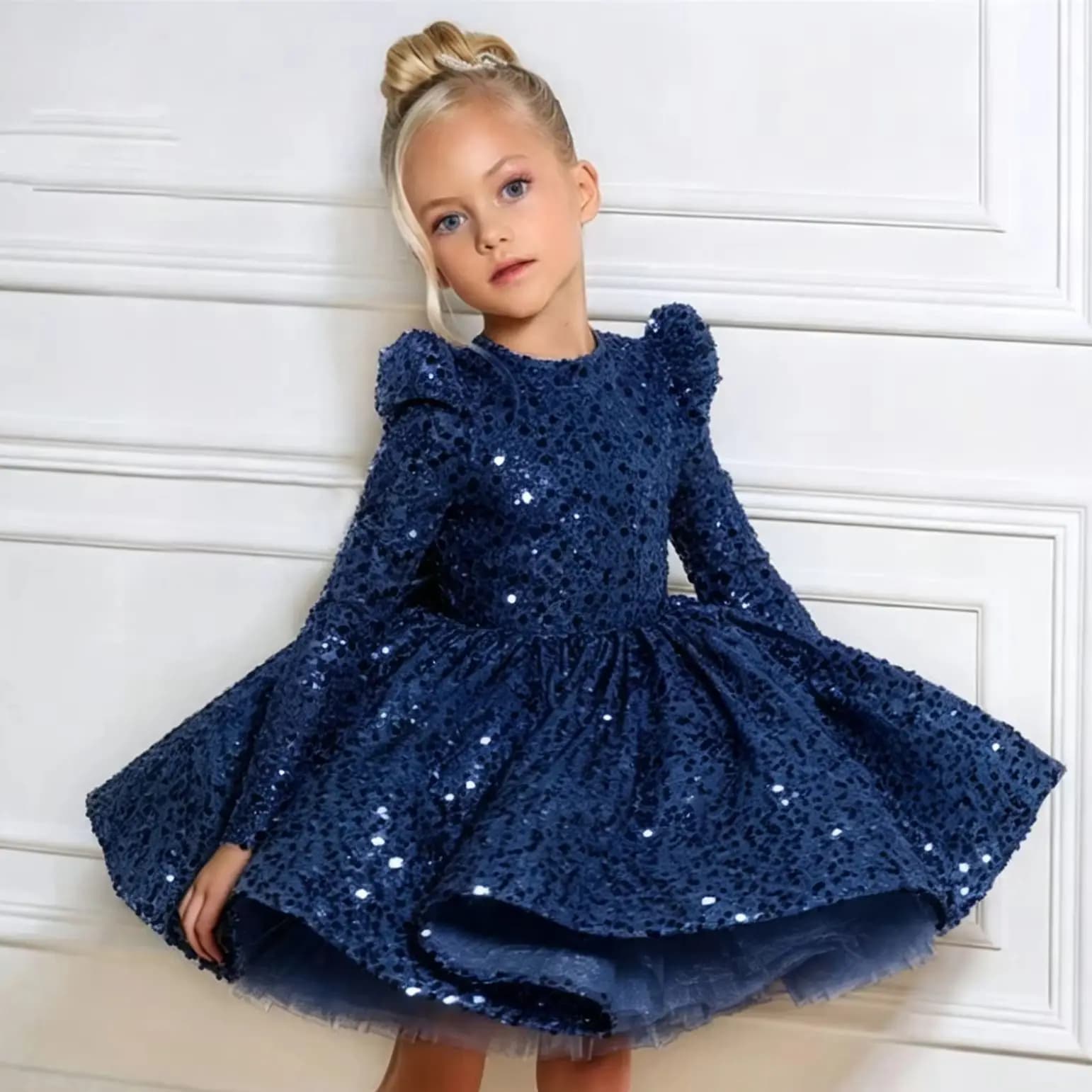Splendidi Abiti da Damigella con Paillettes Personalizzati per Matrimoni, Maniche Lunghe, Lunghezza al Ginocchio, per Feste di Compleanno e Comunioni per Bambine