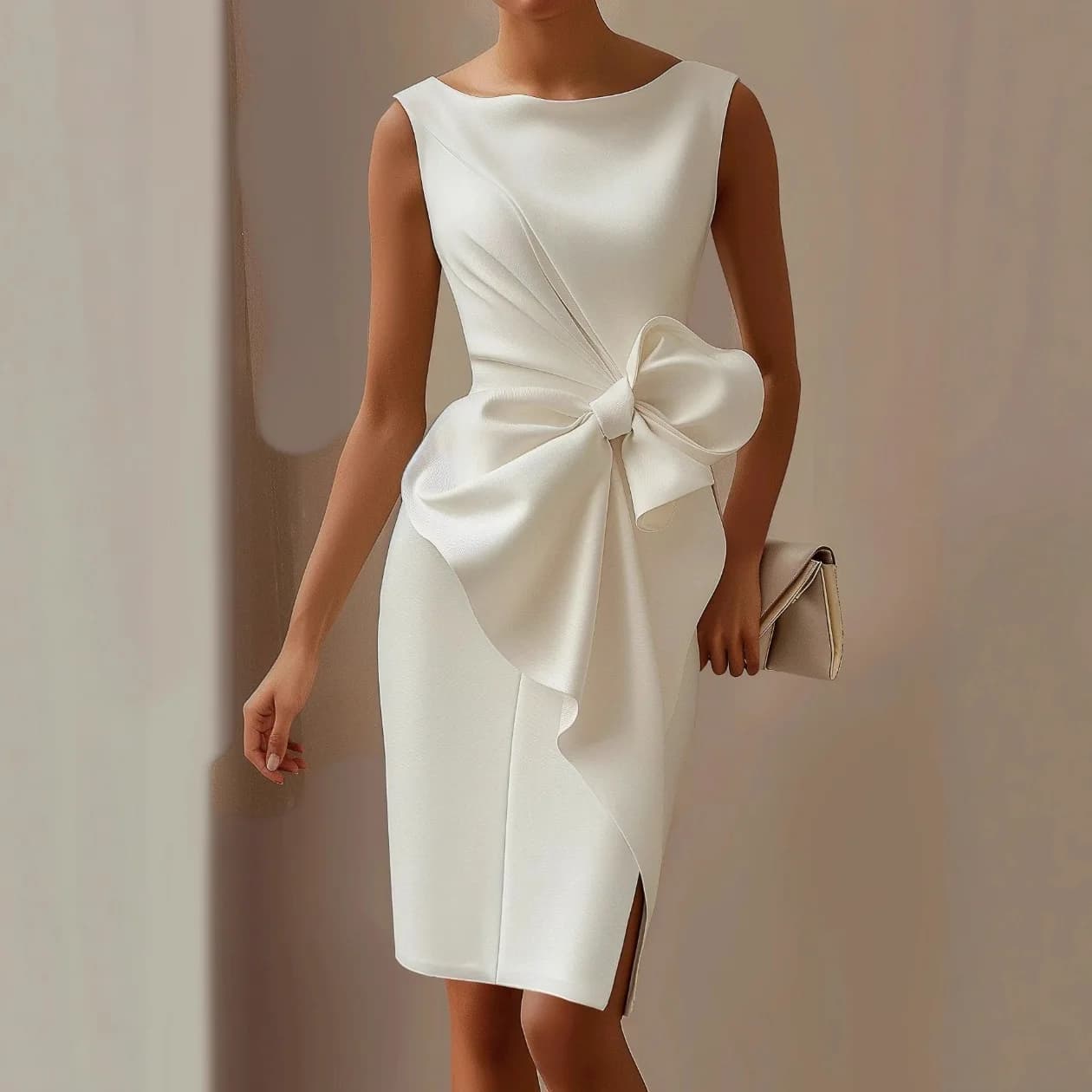 Abito Estivo Elegante e Sexy Senza Maniche con Scollatura a O e Fiocco, Vestito da Festa Slim Fit, Mini Abito Casual Tinta Unita per Donna Primavera 2025