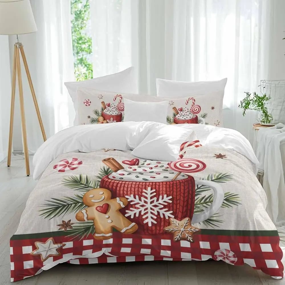 Set di lenzuola Chrisas Coee, motivo natalizio Gingerbread Man Holly Lakes, texture in lino, plaid rosso, 4 pezzi, set copripiumino traspirante, biancheria da letto.