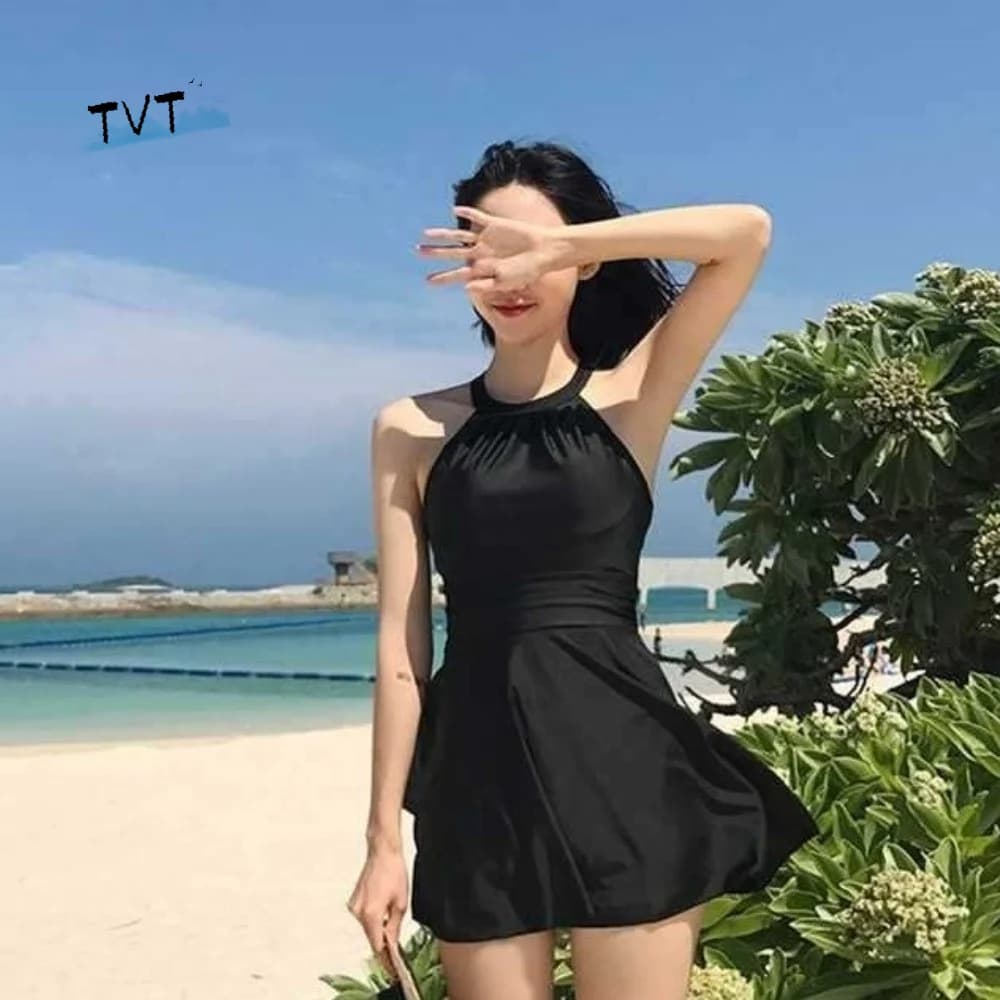 Costume da bagno intero slim fit con gonna, senza schienale, plissettato, senza maniche, con scollo all'americana, per sorgenti termali, spiaggia e vacanze