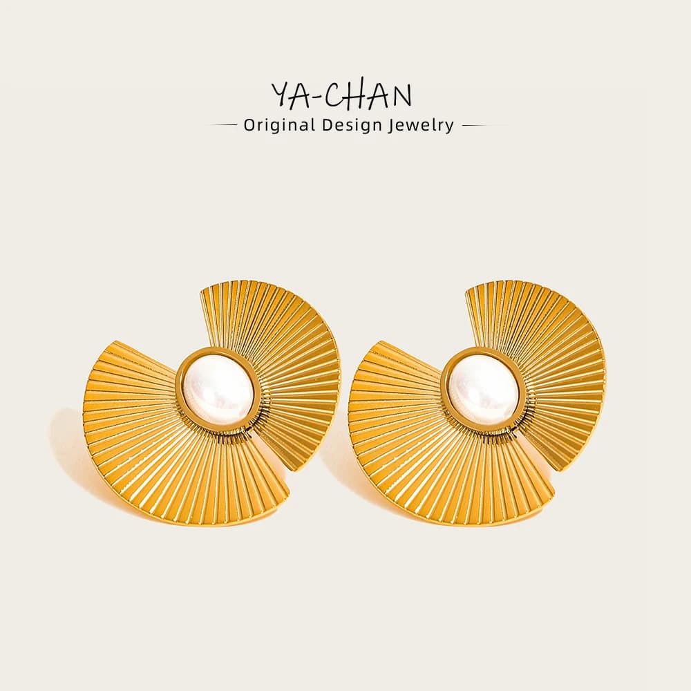 YACHAN Stainless Steel Big Stud Earrings For Women Imitation Pearl Flowers Hyperbolic Metal 18K Gold Plated Trendy Jewelry Gift