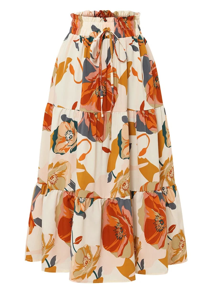 Gonna a vita alta stampata con lacci, stampa floreale, lunghezza media con cintura, silhouette a trapezio, tessuto casual in poliestere, gonna da donna