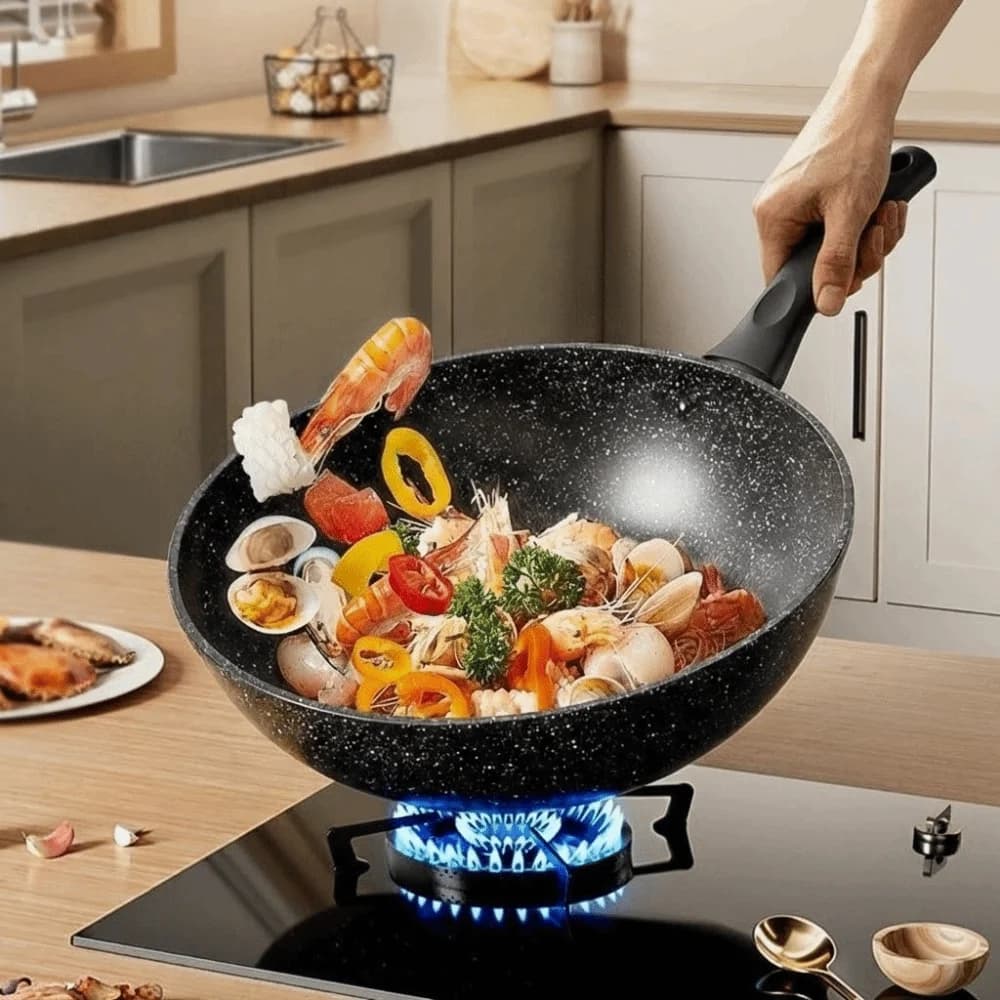 Wok Cinese Professionale Durevole Multifunzionale 30/32cm, Padella Antiaderente Facile da Pulire, Pentola da Cucina per Tutti i Fornelli