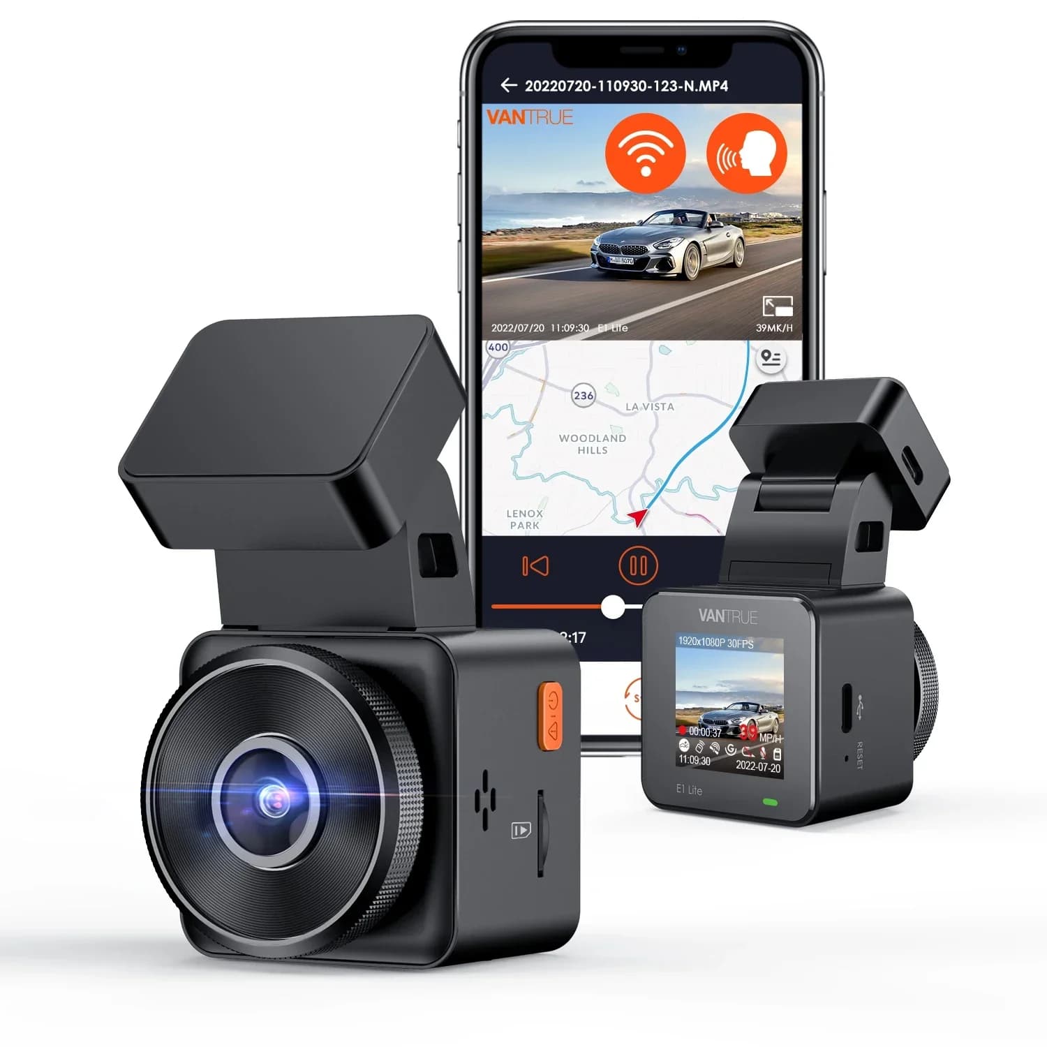 Vantrue E1Lite Dashcam 1080P WiFi Mini Dash Cam with GPS and speed Detachable Dash voice control is in 24-hour parking mode