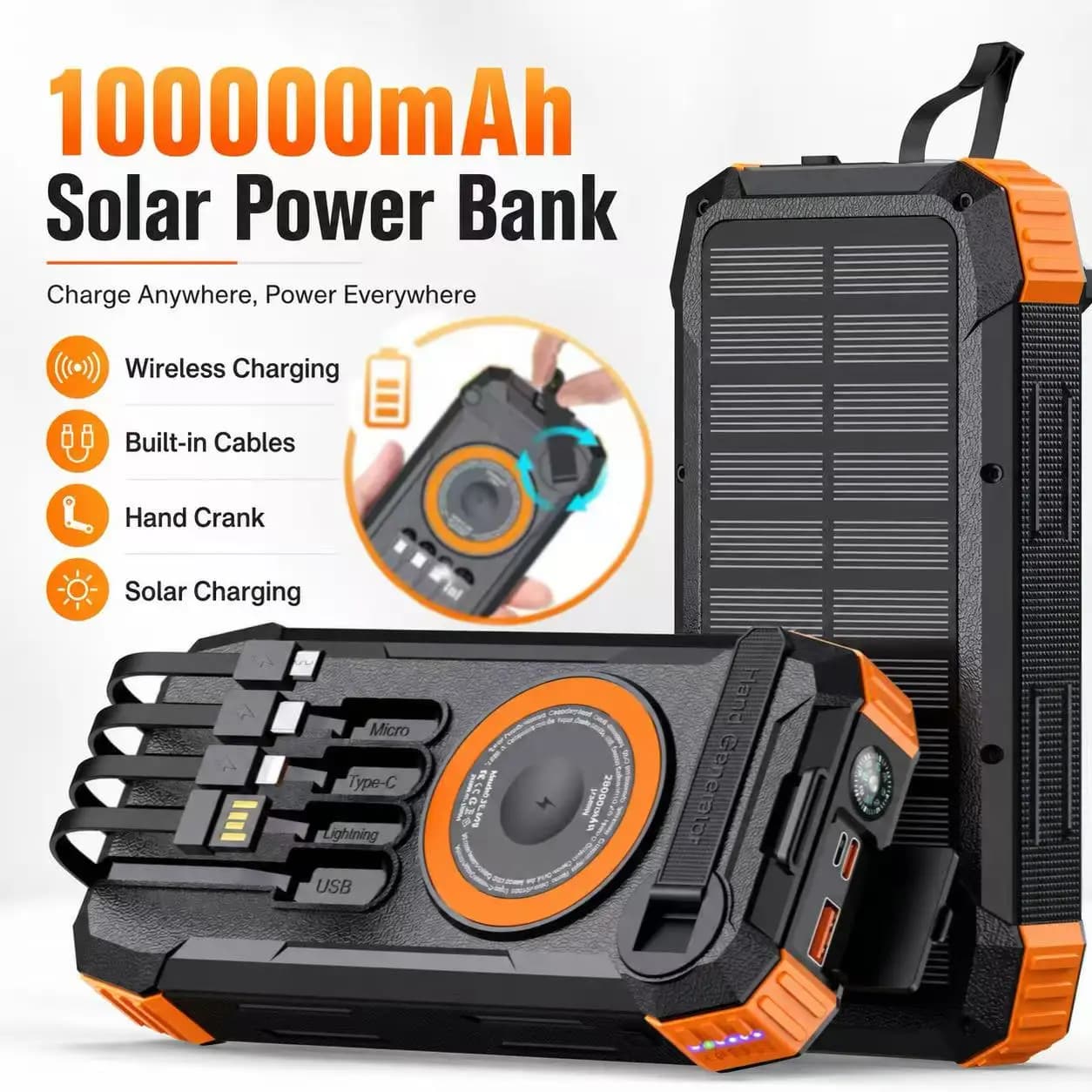 Power Bank Solare, Caricabatterie Portatile, Batteria da 100000mAh, Ricarica Wireless, Cavi Integrati, Torcia LED, per Campeggio all'Aperto