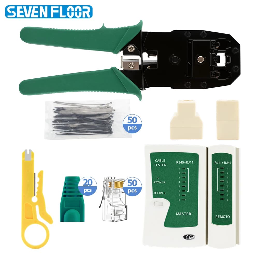 Kit di Crimpatura RJ45 4P 6P 8P con Tester Cavi Ethernet LAN, 50 Connettori Cat5, Spelacavi, Divisori, Accoppiatori, Fascette e Copricavi