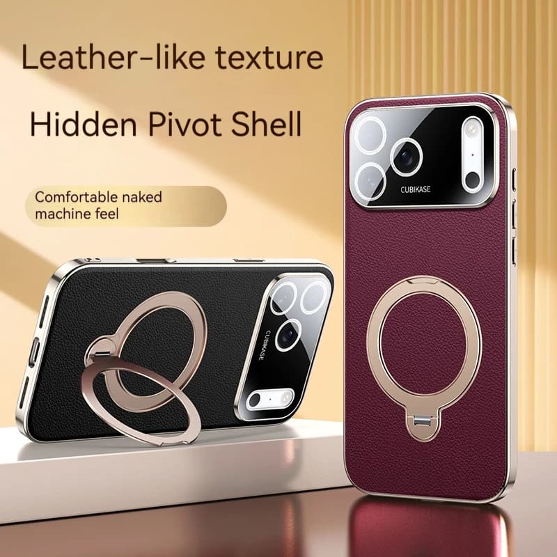 Custodia magnetica in metallo con supporto girevole in pelle tinta unita di lusso per iPhone 17 Pro Max 16 pro Staffa definitiva per proteggere la cover posteriore