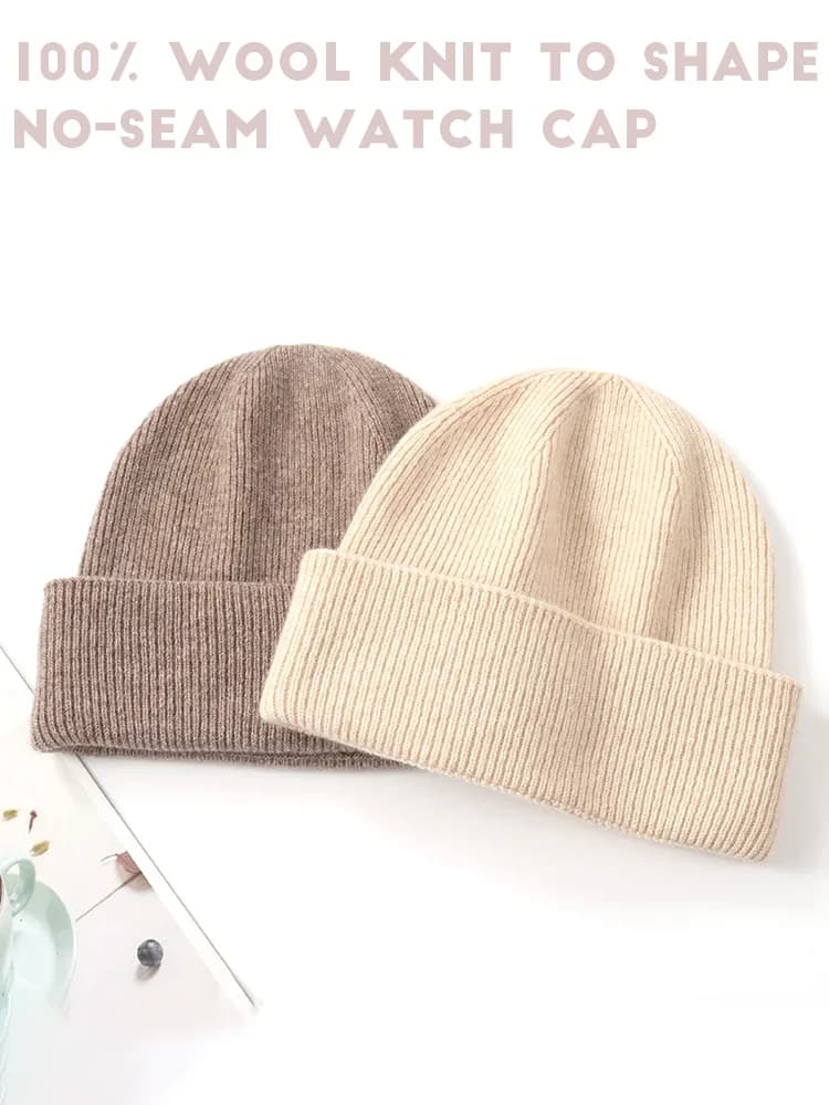 Berretti per orologi in lana 100% lavorati a maglia unisex senza cuciture Berretti invernali da donna Cappello caldo in pura lana Morbido cappello da pescatore da uomo all'aperto piegato