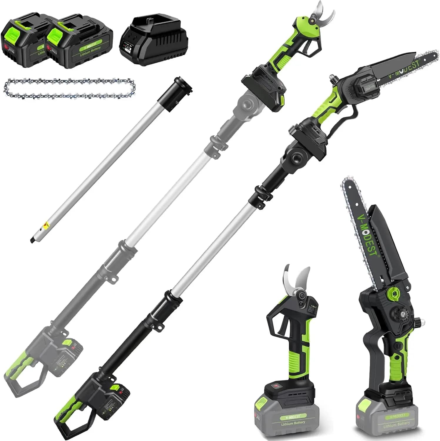 Telescopic Saw Kit and 4-in-1 Power Scissors Wireless, 8-inch Blade, 15-foot extension rod, 2 Garden Tree Potting Batteries