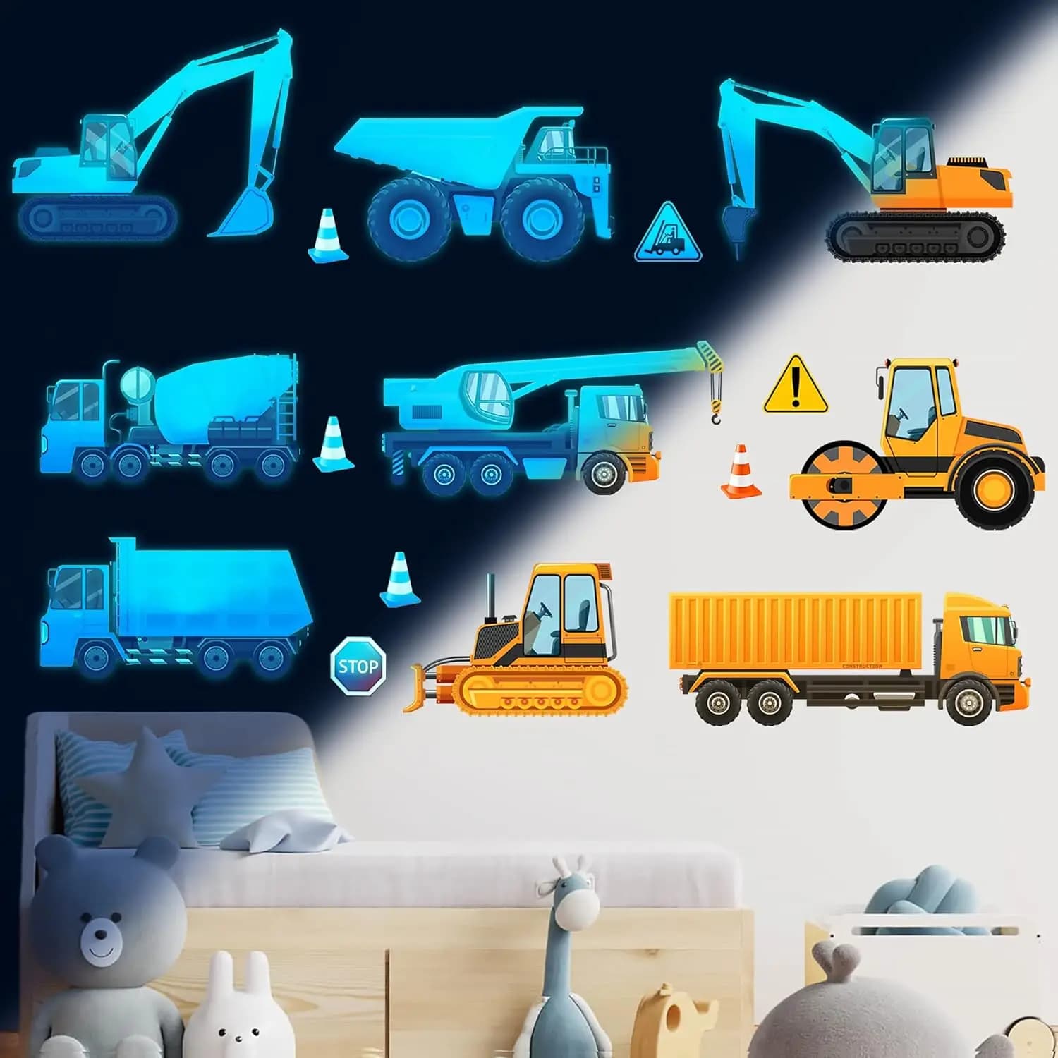 Adesivi murali luminosi per costruzioni, decorazioni murali che si illuminano al buio, veicoli urbani, auto, camion, escavatori, trattori.