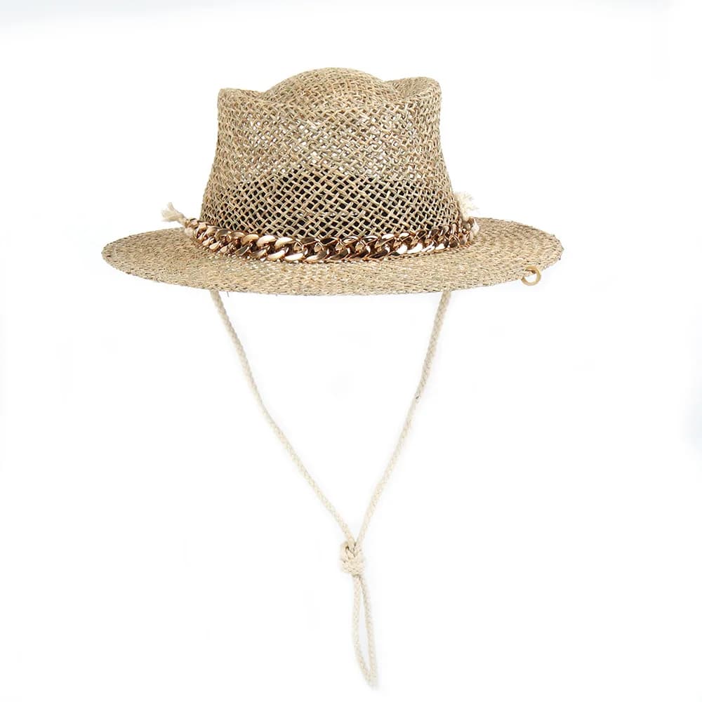 Fashion Acrylic Chain Straw Hat for Women, Spring Summer Sun Cap with Round Ring Top Salt Grass Design, Windproof Strap