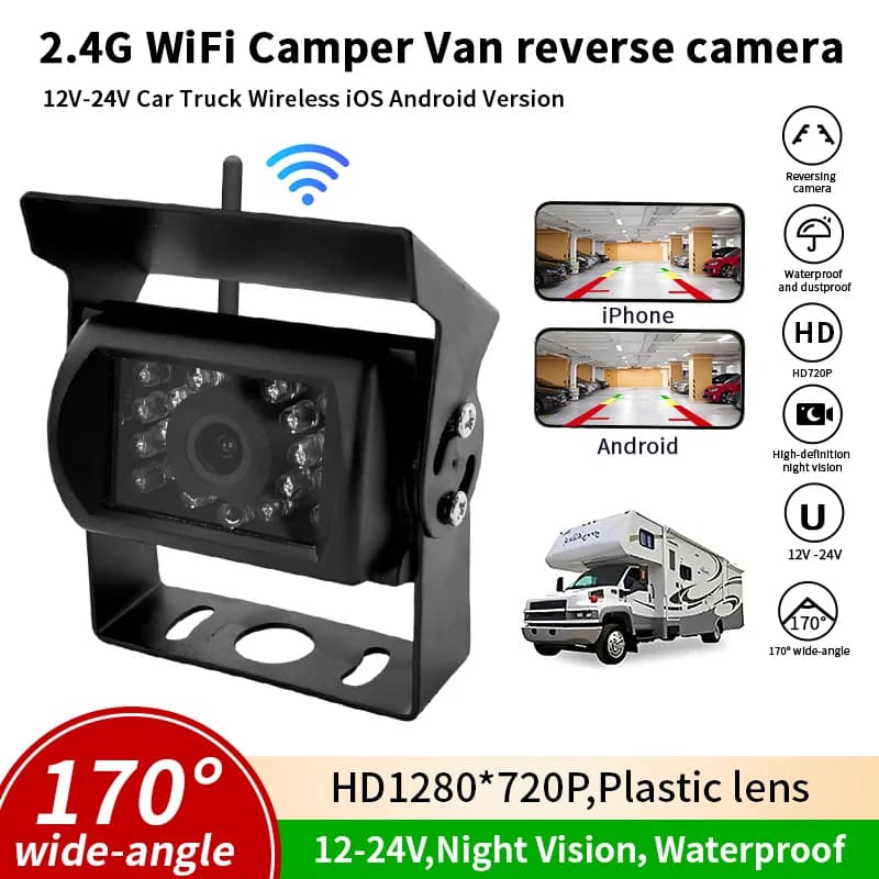 WiFi WirelessHD 720P Backup Camera IP68 Waterproof IR Night Vision Rear View Monitor System For Trucks Trailers RVs Large Vehi