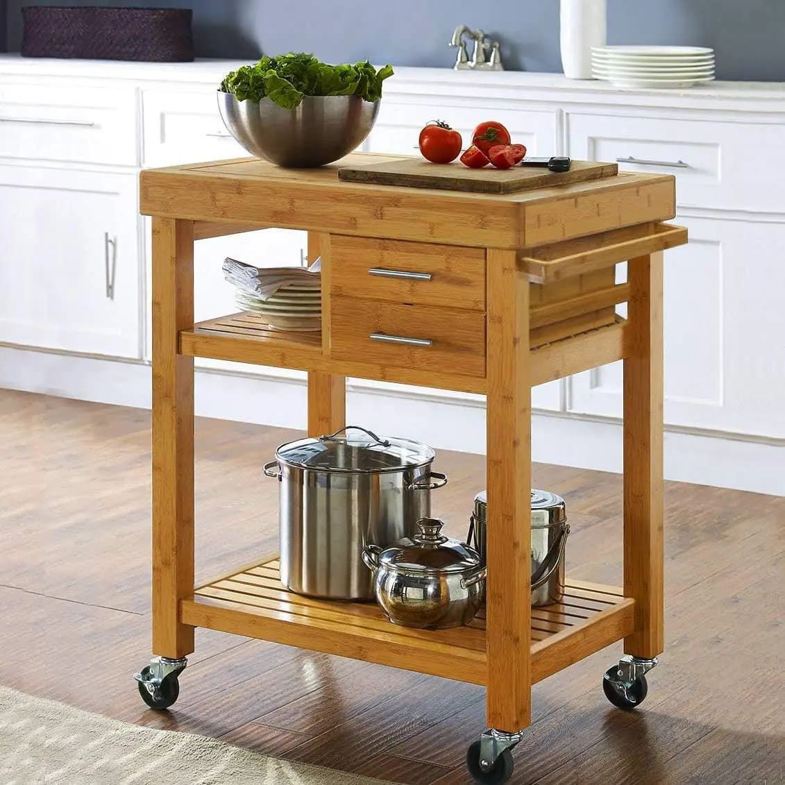 Carrello da Cucina con Ruote, Cassetti e Ripiani, Portasciugamani, Ruote Bloccabili, Carrello per Preparazione Alimenti con Piano in Legno