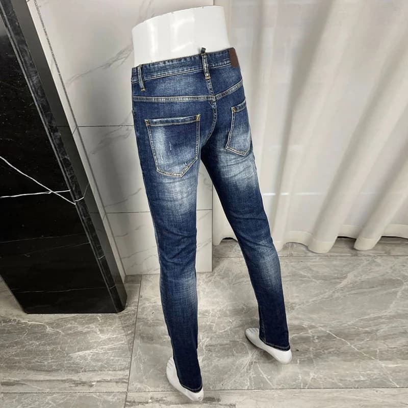 Hombrestreet designer's new men's jeans with pleats, washed water, nostalgic stretch,slim fit, blue jeans, high street hip-hop b