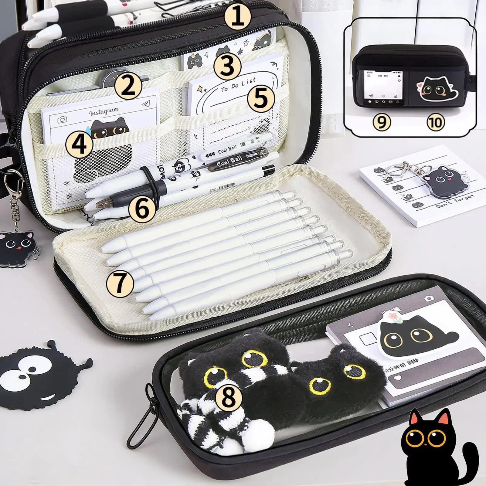 10-Layer Pencil Case with Stickers Gel Pens Black Cat Design Large Capacity School Office Organizer, Sturdy Wide Opening Storage