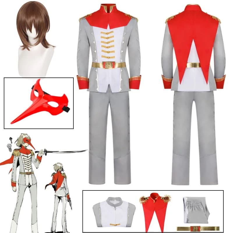 Costume Cosplay Akechi Goro, Set Complete with Top, Pants, Mask and Wig, for Halloween, Carnival, Comic Con, Party and Role Games