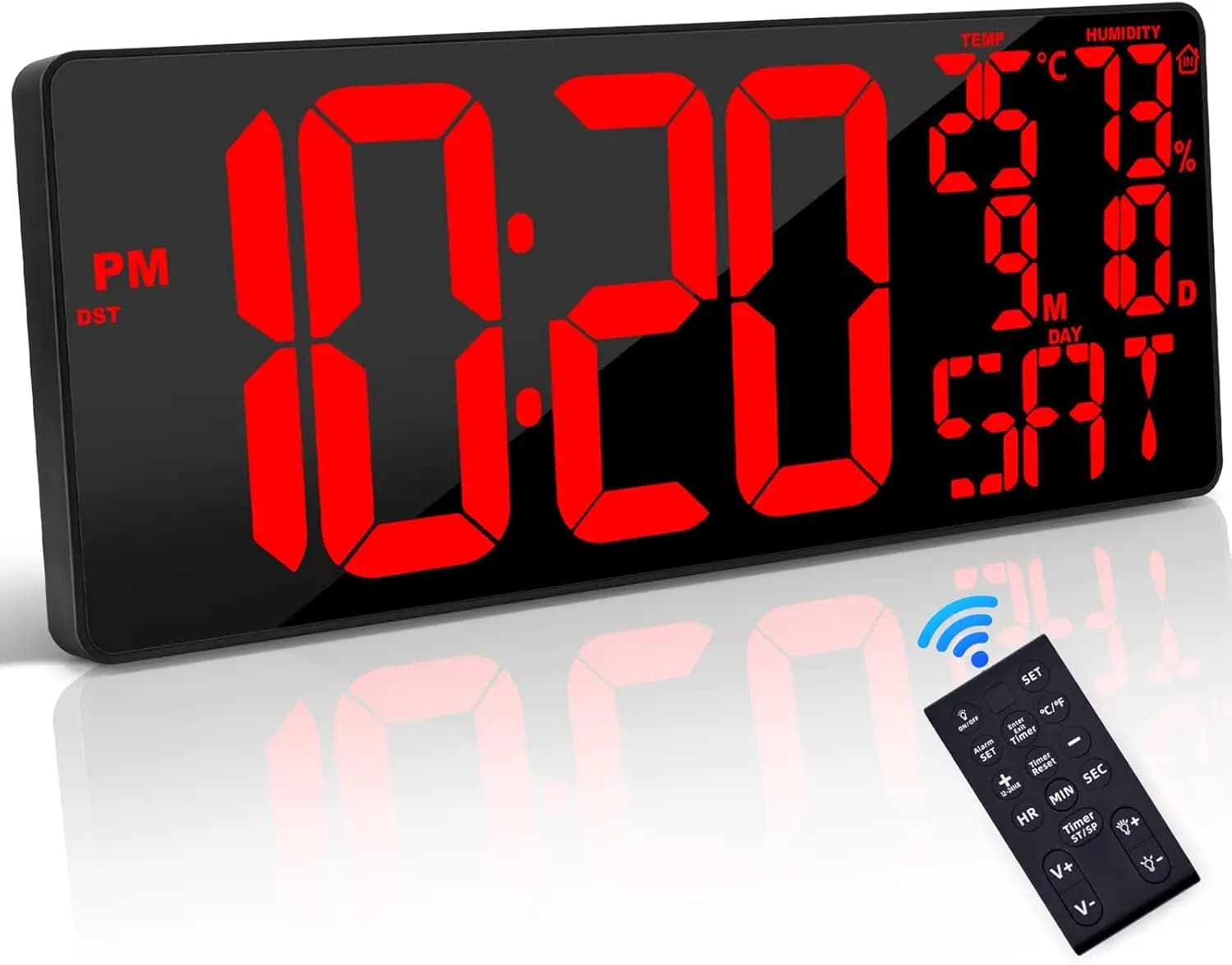 18" large digital wall clock with remote control, display with automatic adjustment, date/temperature/semana, alarm for all spaces