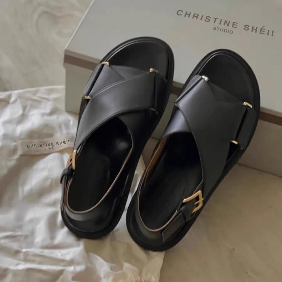 Sandali Romani Estivi da Donna in Pelle di Pecora con Cinturini Incrociati e Punta Aperta, Casual con Plateau