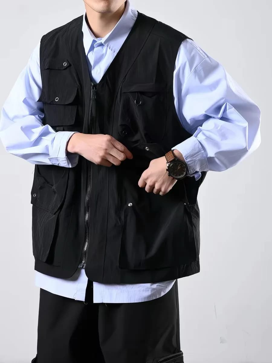 Loose American Retro Workwear Jacket Men's Multi-Pocket Sleeveless Vest Breathable V-Neck Polyester Fiber Summer Top
