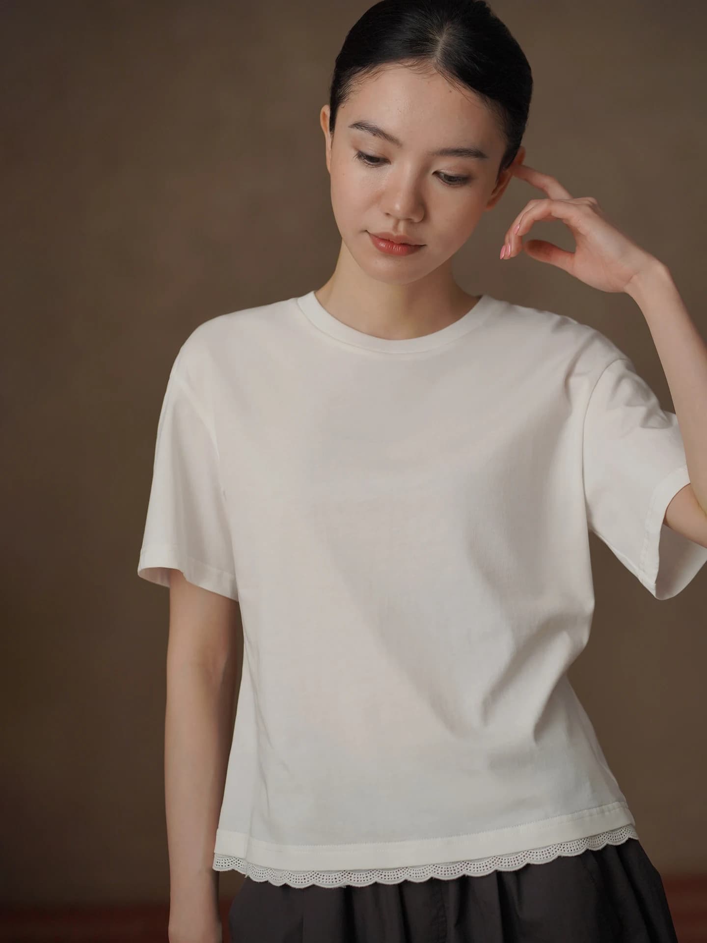 Slimming Effect 100% Cotton Short Sleeve round Neck T-Shirt Women's Fashion Basic Splice Lace Hem Layered Wear Summer Casual