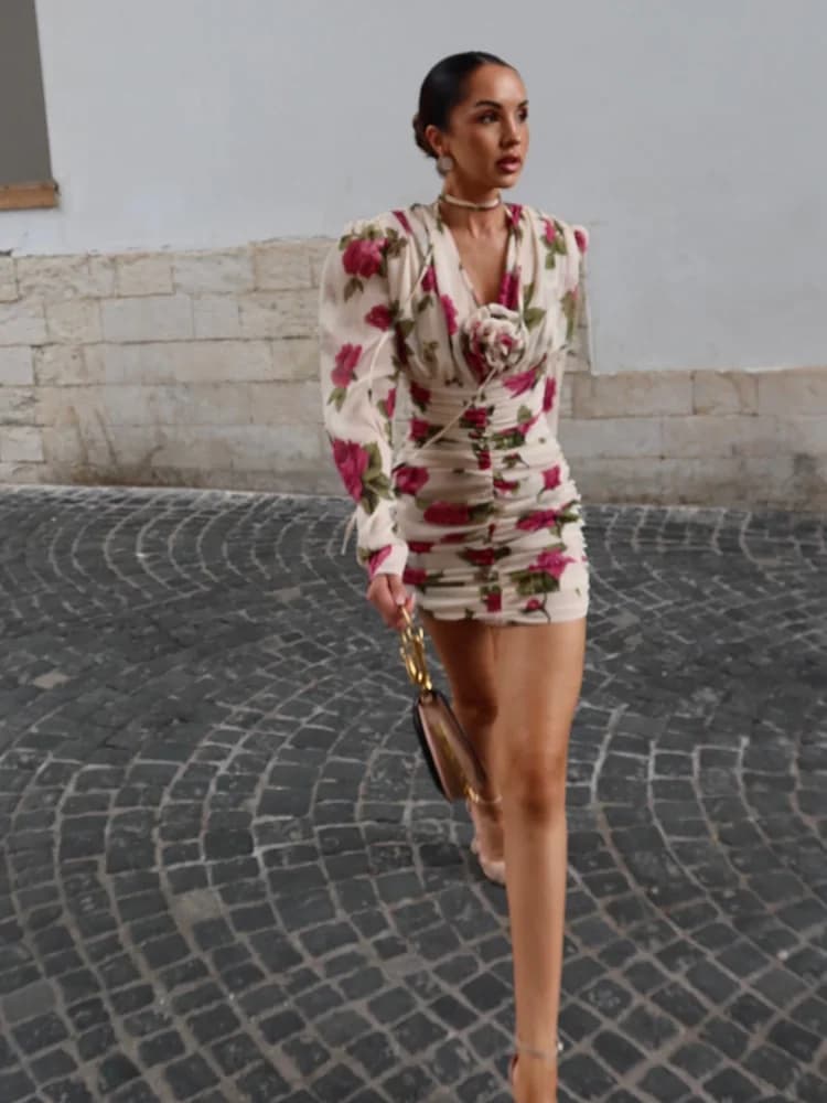Sexy Lady Printed Mini Dress 3D Floral Lace Up Long Sleeve V-neck Cinched Waist Female Dresses Summer Vacation Streetwear 2026