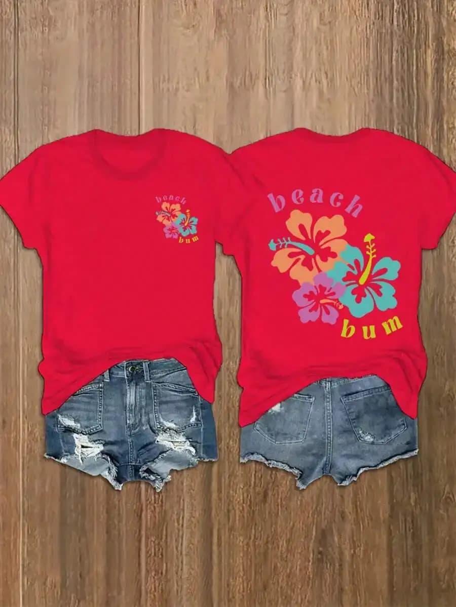 T-shirt estiva da donna con stampa ibisco rosso, casual, a maniche corte e girocollo