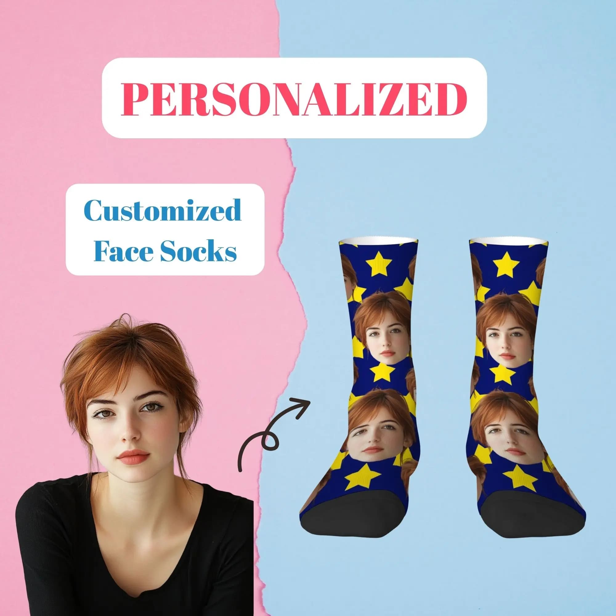 Custom Personalized Unisex Yellow Star Photos Print Crew Socks Funny Cute Warm Breathable Soft Comfotable Ideal Friends Gift