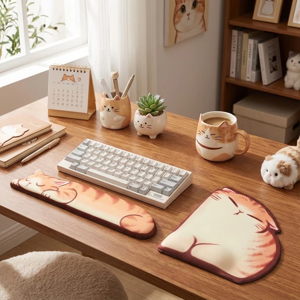Simpatico poggiapolsi in memory foam per gatti Kawaii 3D, set di tappetini per mouse e tastiera per giocatori di giochi per computer da ufficio