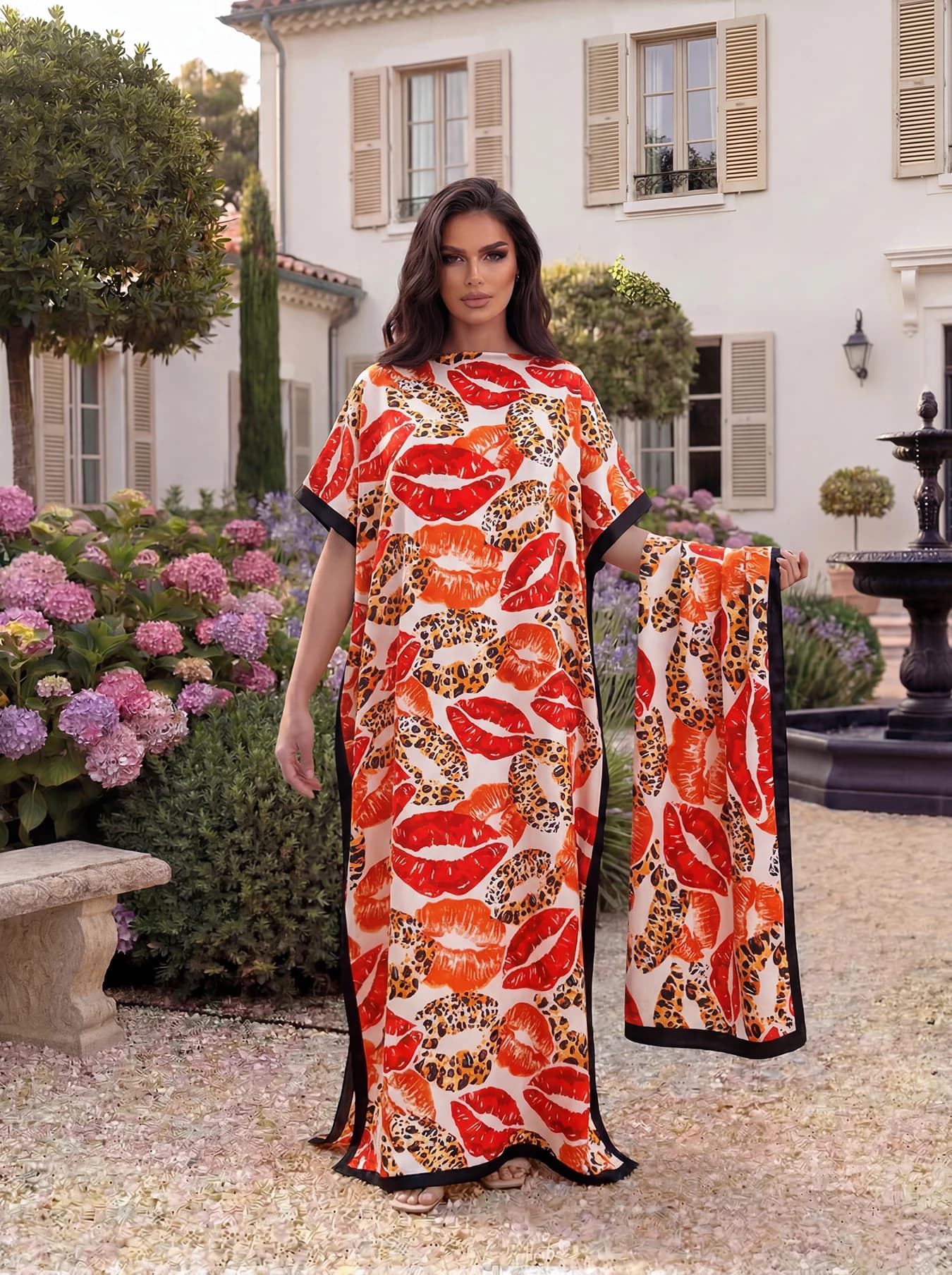 Lip Leopard Printed Dubai Casual Abaya With Scarf, Loose Batwing Maxi Kaftan Robe For African Muslim Women Daily Wear