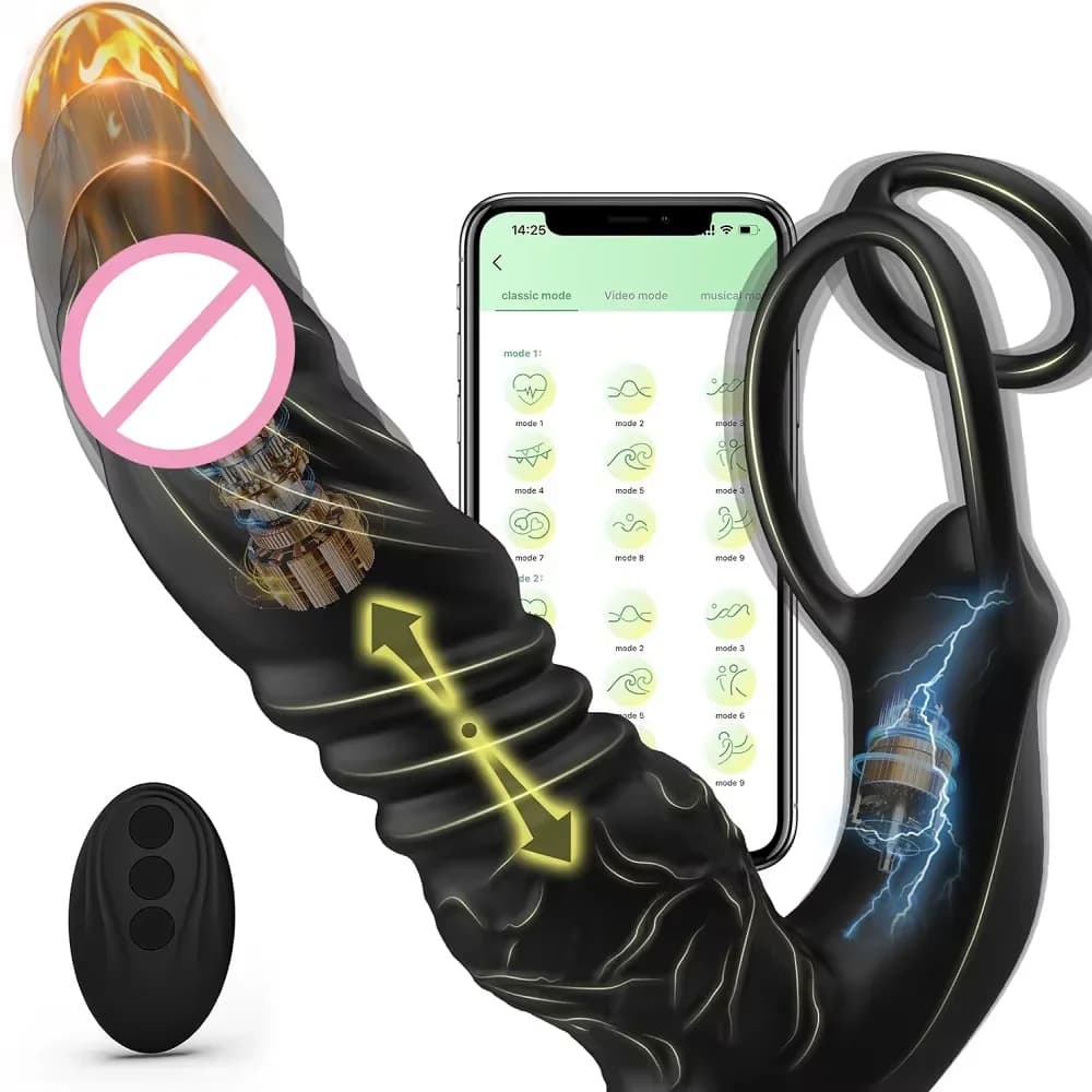 APP Telescopico Doppio Anello Spinta Vibratore Massaggiatore Della Prostata da Uomo 5 In 1 Spina Vibrante Vibratore Del Dildo Giocattolo Del Sesso Per Adulti da Uomo