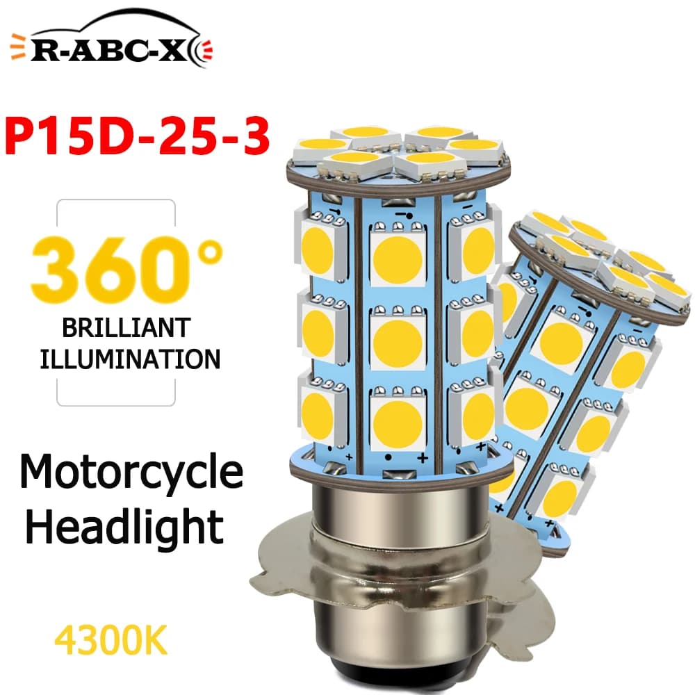 2Pcs P15D-25-3 LED Motorcycle Headlight Bulb 6V 12V 24V 4300K Warm White Motorbike Bike Moto Moped Scooter ATV Light Hi/Lo Beam