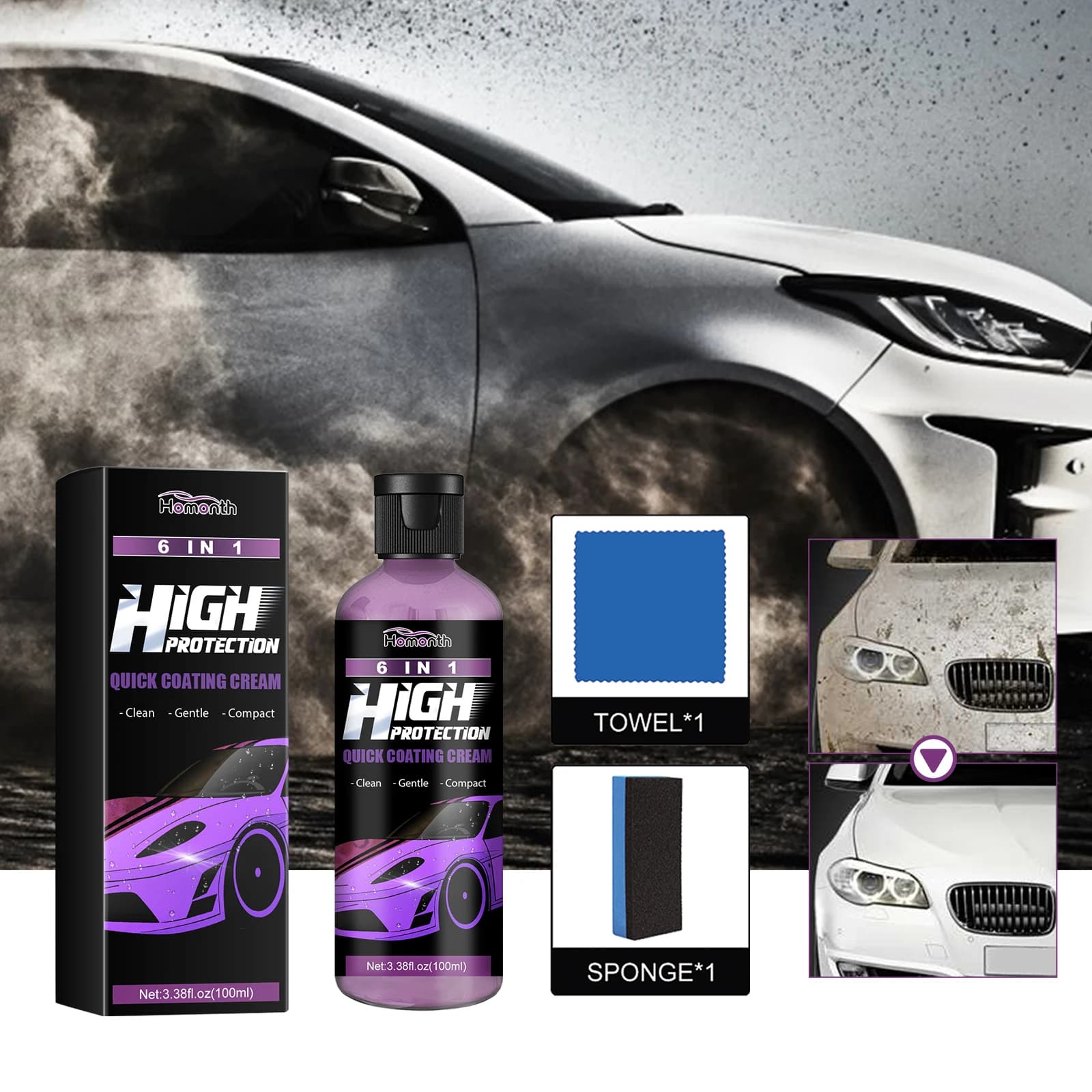 Spray Liquido Nano Ceramico 6 in 1 per Auto, Rivestimento Idrofobico a Cristalli Rapidi, Cera Protettiva per Lucidatura Vernice, Agente Pulente e Lucidante