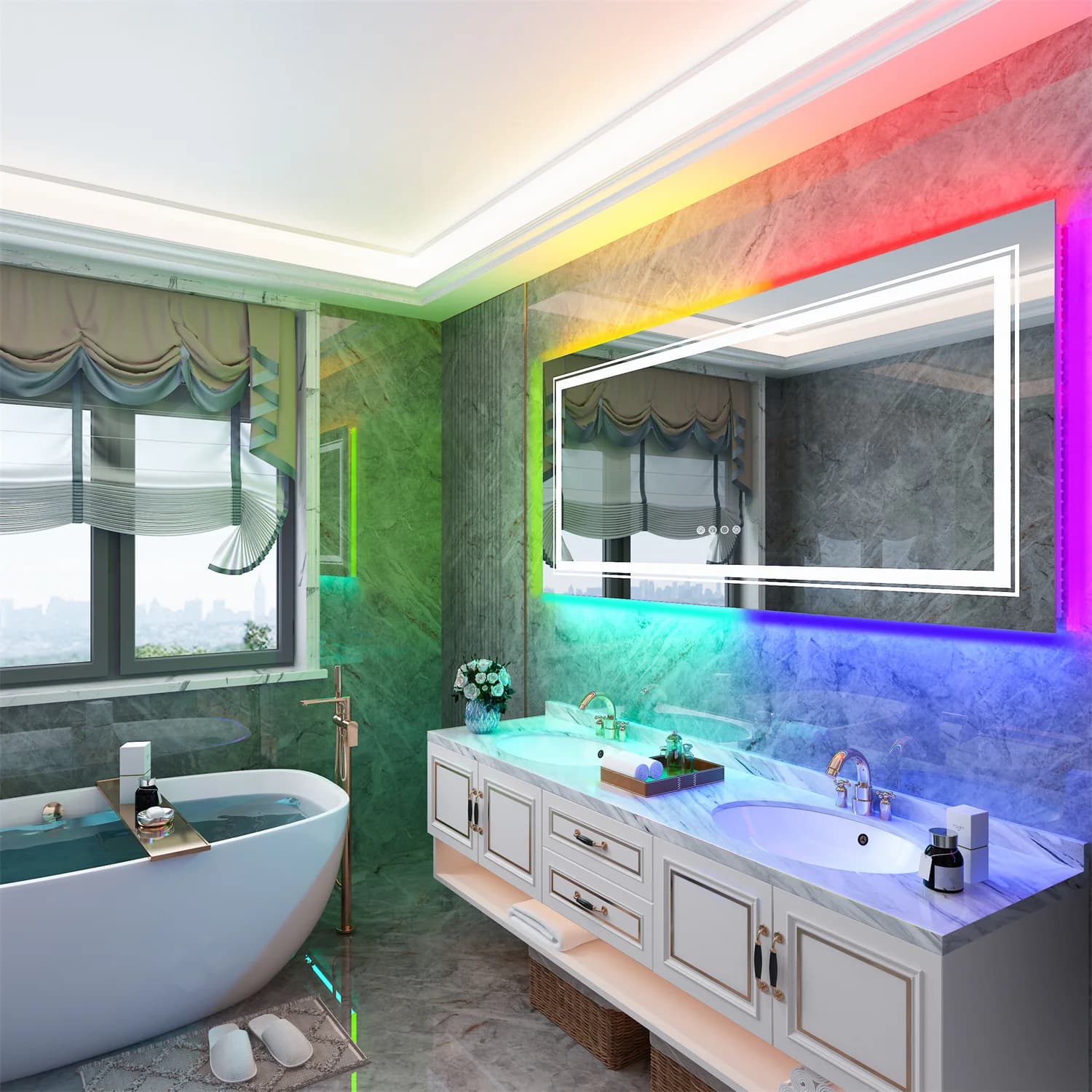 Specchio da bagno Specchio da bagno infrangibile dimmerabile antiappannamento Specchio da bagno grande Specchio da trucco a LED RGB che cambia colore retroilluminato