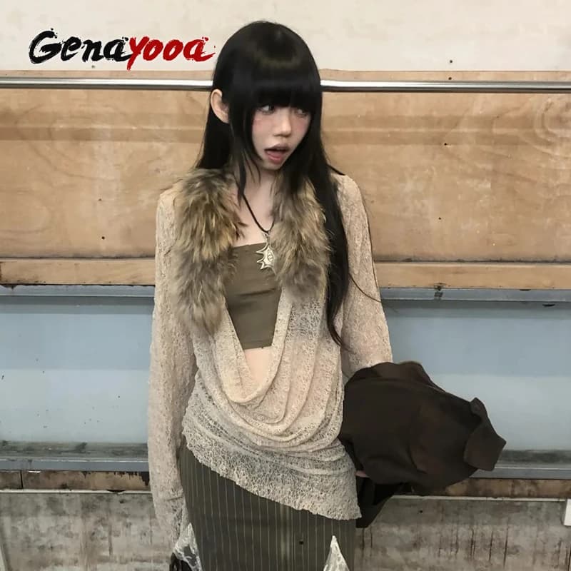 Genayooa Y2k Japanese T Shirt Women lace Punk Tops Swing Collar Streetwear Two Pieces Tops 2000s aesthetic Tshirts see throught