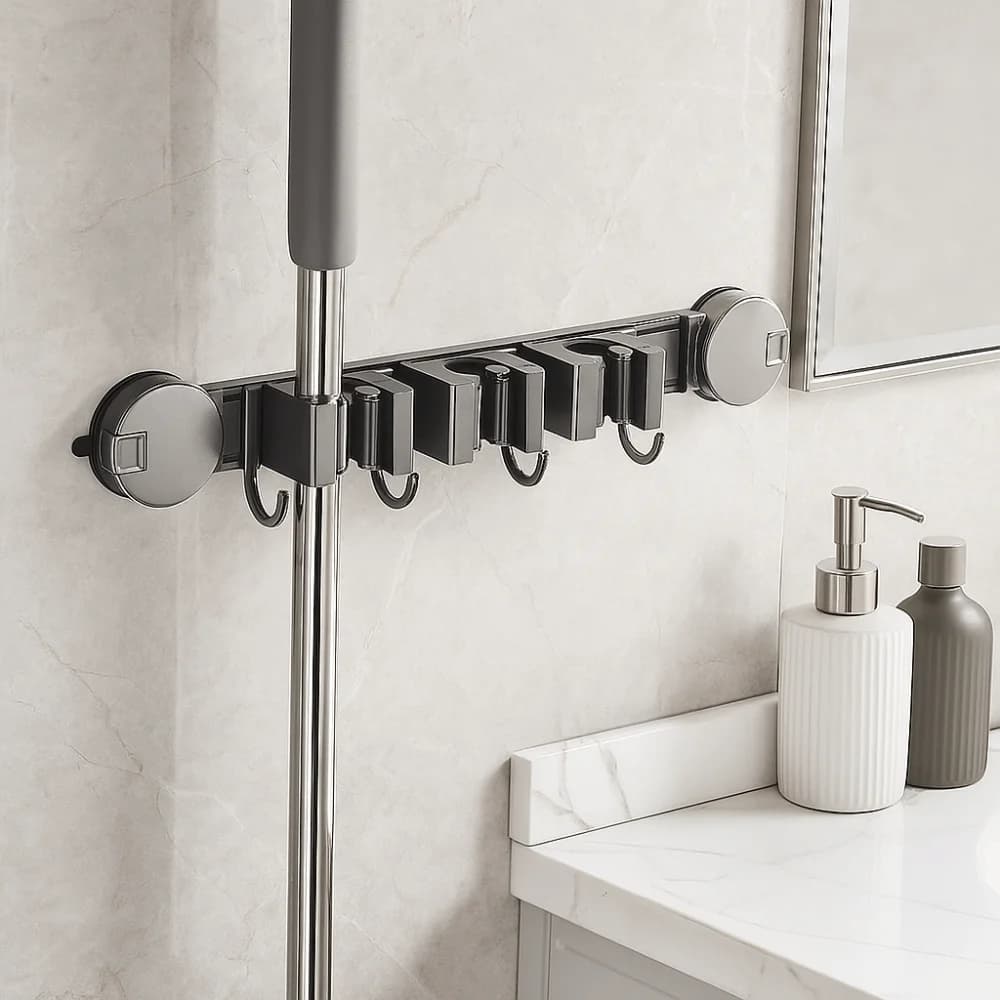Supporto per Scopa con Ventosa e Gancio, Porta Scopa da Parete Antiruggine Regolabile per Bagno