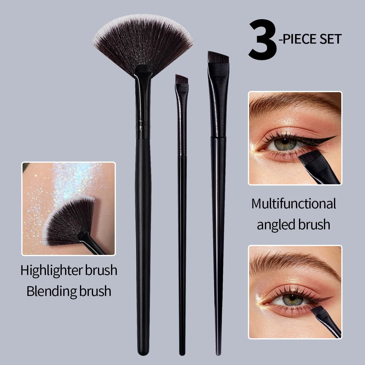 3PCS Black Makeup Brush Set,Fan Highlighter Brush+Dual Size Angled Eyeliner&Eyebrow Brushes,for Glow Highlighting,Liner&Brow