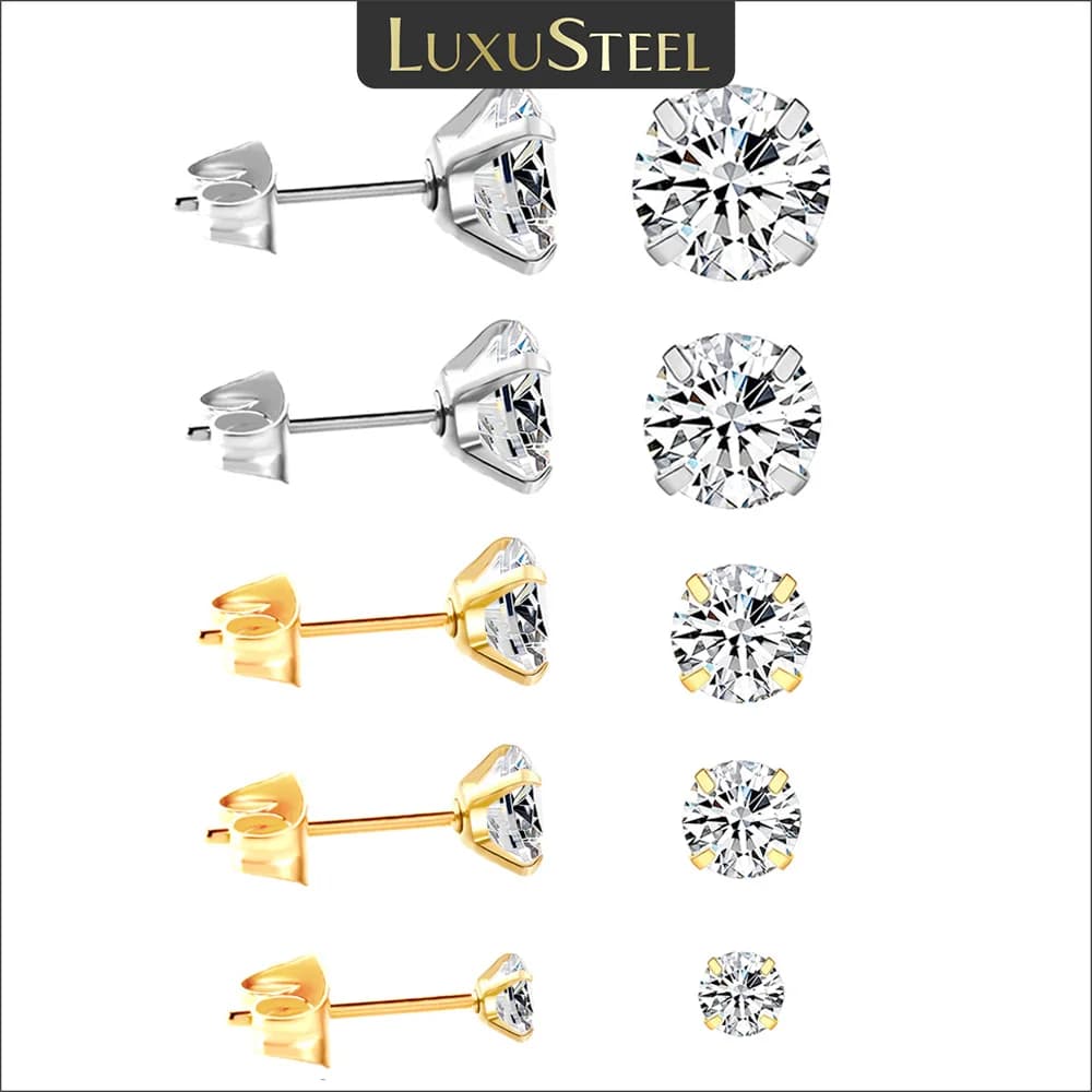 LUXUSTEEL 2Pcs Men's Crystal Zircon Studs Earrings For Women 316L Stainless Steel Cartilage Piercing Ear Anti Allergic 3-8mm