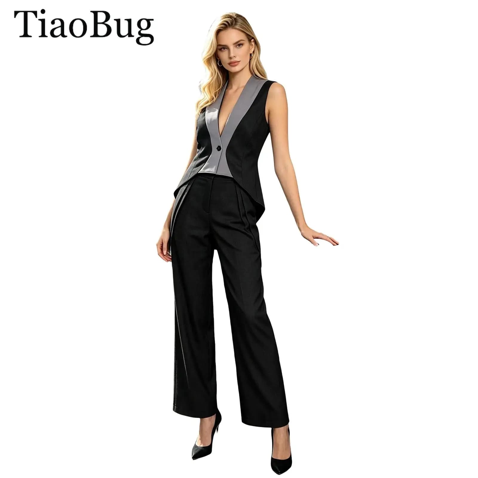Elegant Women Formal Suit Outfit Sleeveless High-low Hem Vest Blazer with Side Pleats Pockets Pants for Business Work Daily Life