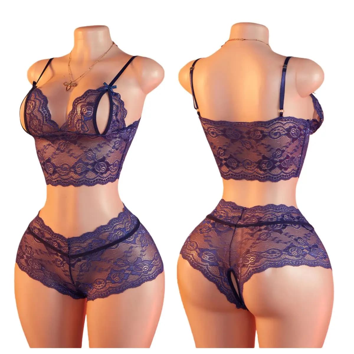 Slip reggiseno aperto da donna Set bellezza sexy top blu Reggiseni push-up in pizzo e set di slip Lingerie senza fili Intimo intimo solido