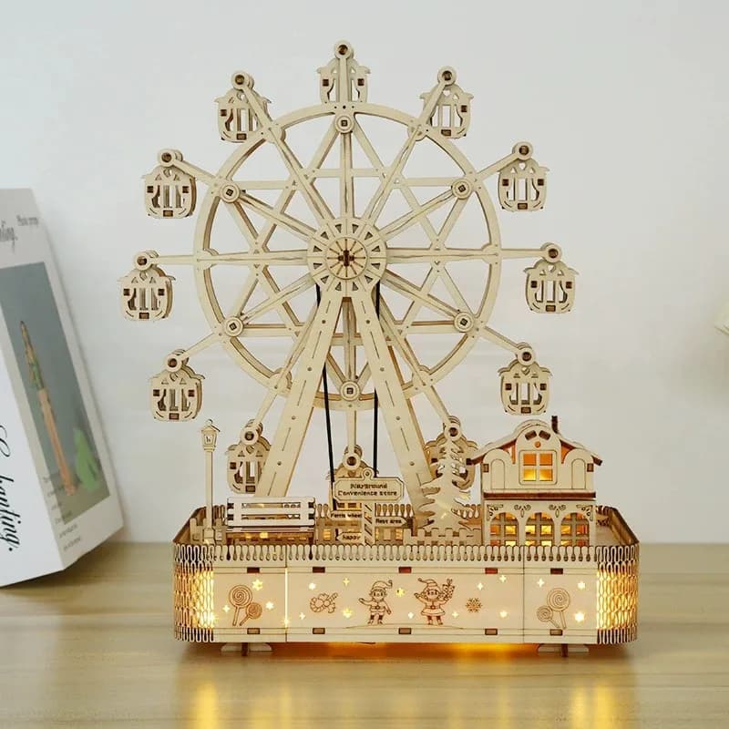 Puzzle 3D in Legno con Luci LED, Ruota Panoramica Girevole, Scatola Musicale a Oktave, Modello Meccanico da Assemblare, Decorazione Fai-da-Te, Giocattolo Regalo per Bambini e Adulti