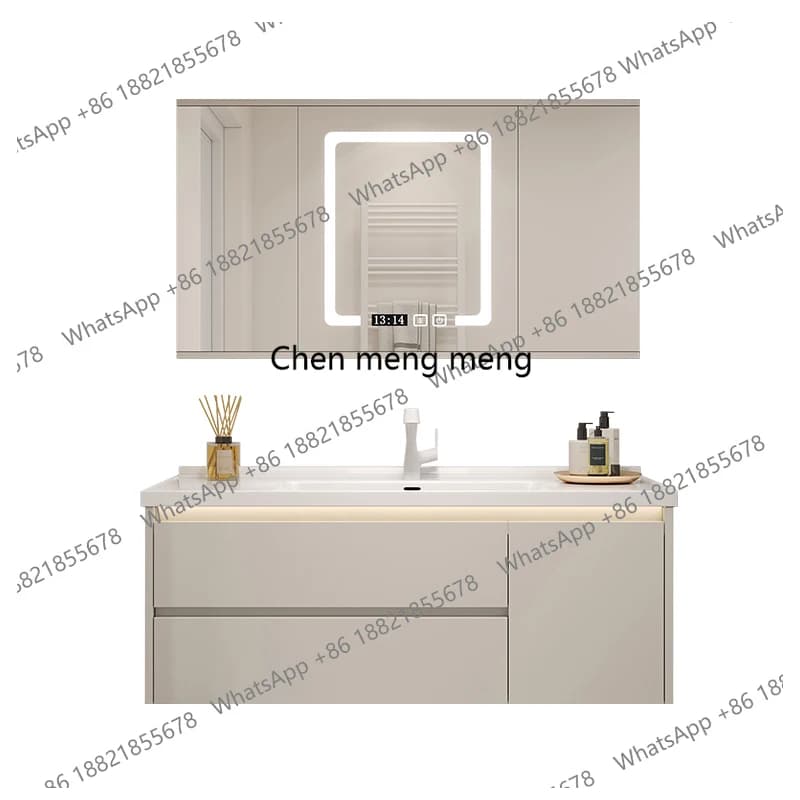 Mobile Bagno Stile Nordico Crema con Specchio, Cassetti Scorrevoli e Lavabo Integrato in Ceramica