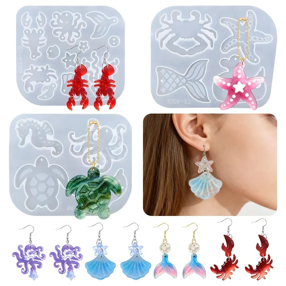Silicone Ocean Life Resin Casting Molds Creative Epoxy Resin Candle and Keychain Pendant Molds for Turtle, Starfish Jellyfish