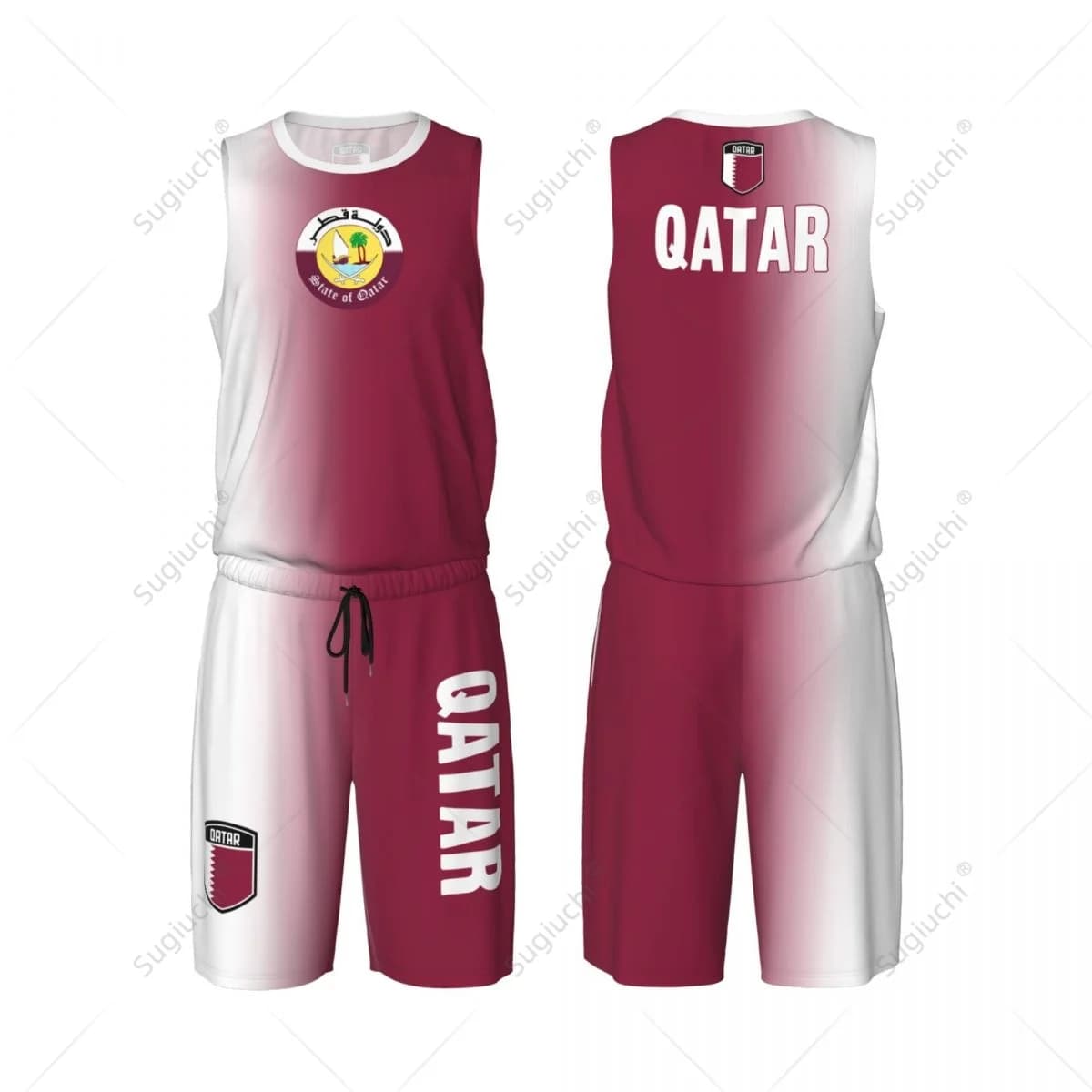 Set da basket da uomo con bandiera del Qatar, camicia e pantaloni in rete, senza maniche, esclusivo team-up, nome personalizzato, Nunber, unisex