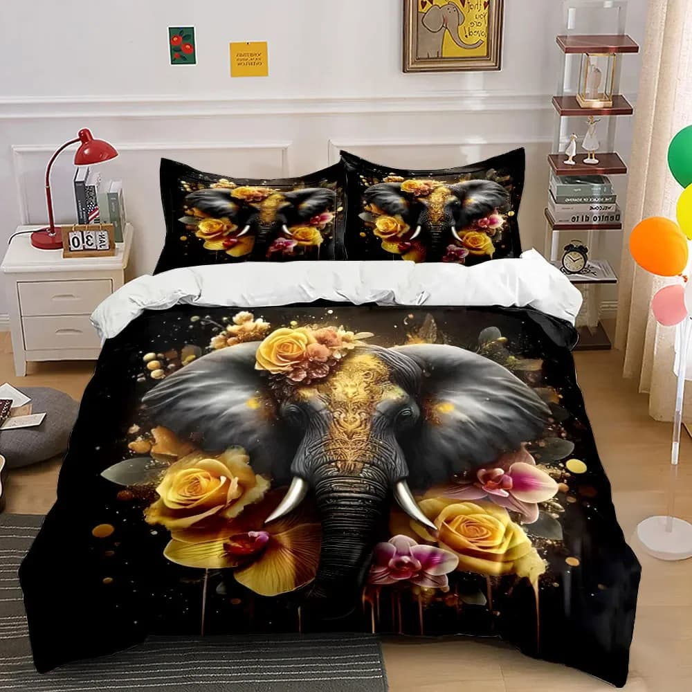 Set di biancheria da letto con stampa Elephant Floral Art Decor 3 pezzi, morbido e confortevole, include 1 copripiumino e 2 federe, regalo