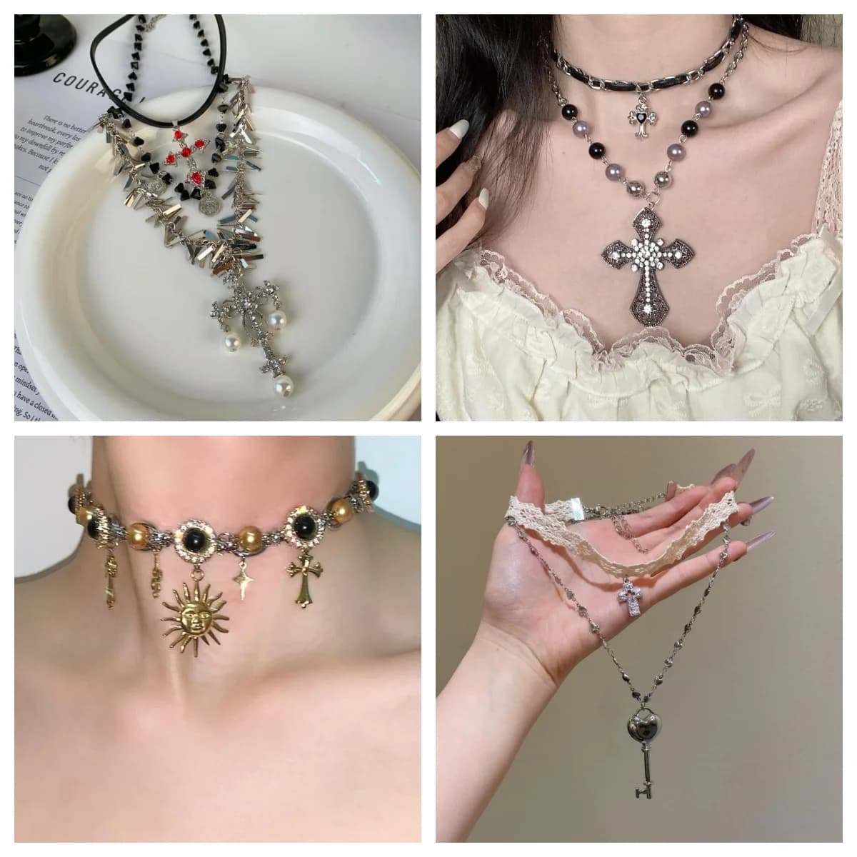 Collana a catena di perle imitazione catena di strass vintage di lusso per donna Girocollo con ciondolo croce punk